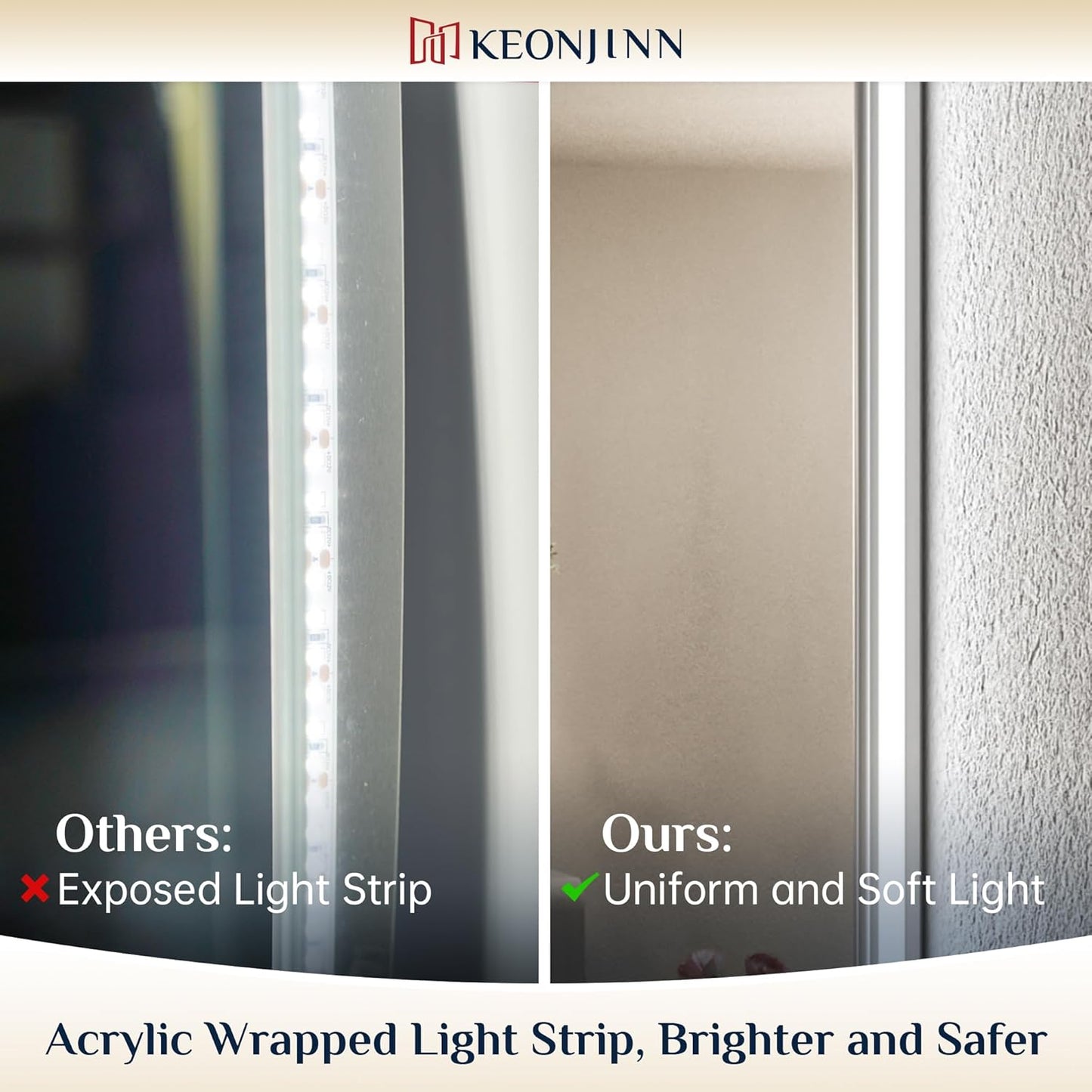 Keonjinn 40 x 32 Inch LED Bathroom Mirror with Acrylic, Backlit Mirror Anti-Fog, Lighted Bathroom Mirror for Wall, CRI90 High Definition Dimmable Large Makeup Mirror(Horizontal/Vertical)