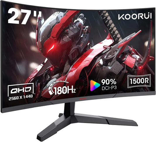 KOORUI 27 inch Gaming Monitor, QHD (2560 x 1440) R1500 180Hz Curved Monitors, AdaptiveSync with 1ms, VESA Compatible, HDR10, 1 x Display Port 1.4 & 2 x HDMI 2.0, Eye Care 27E6QCA - PuriLite