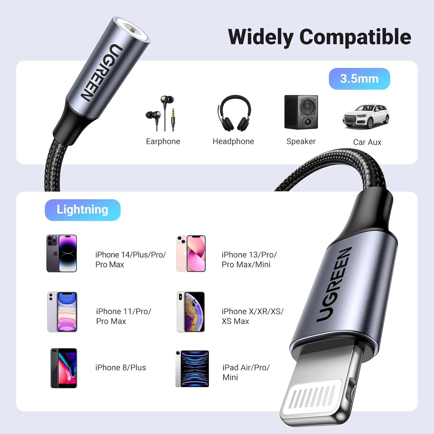 UGREEN Headphone Adapter for iPhone MFi Certified Lightning to 3.5 mm Earphone Jack Male to Female Braided Audio Aux Stereo Cable Connector Dongle for iPhone 14 13 12 SE 11 Pro Max, XS XR Plus, Gray