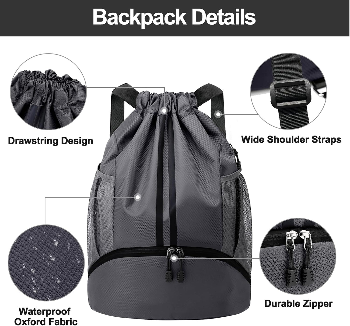 Hoedia Sports Drawstring Backpack - String Swim Gym Bag with Shoes Compartment and Wet Proof Pocket for Women/Men