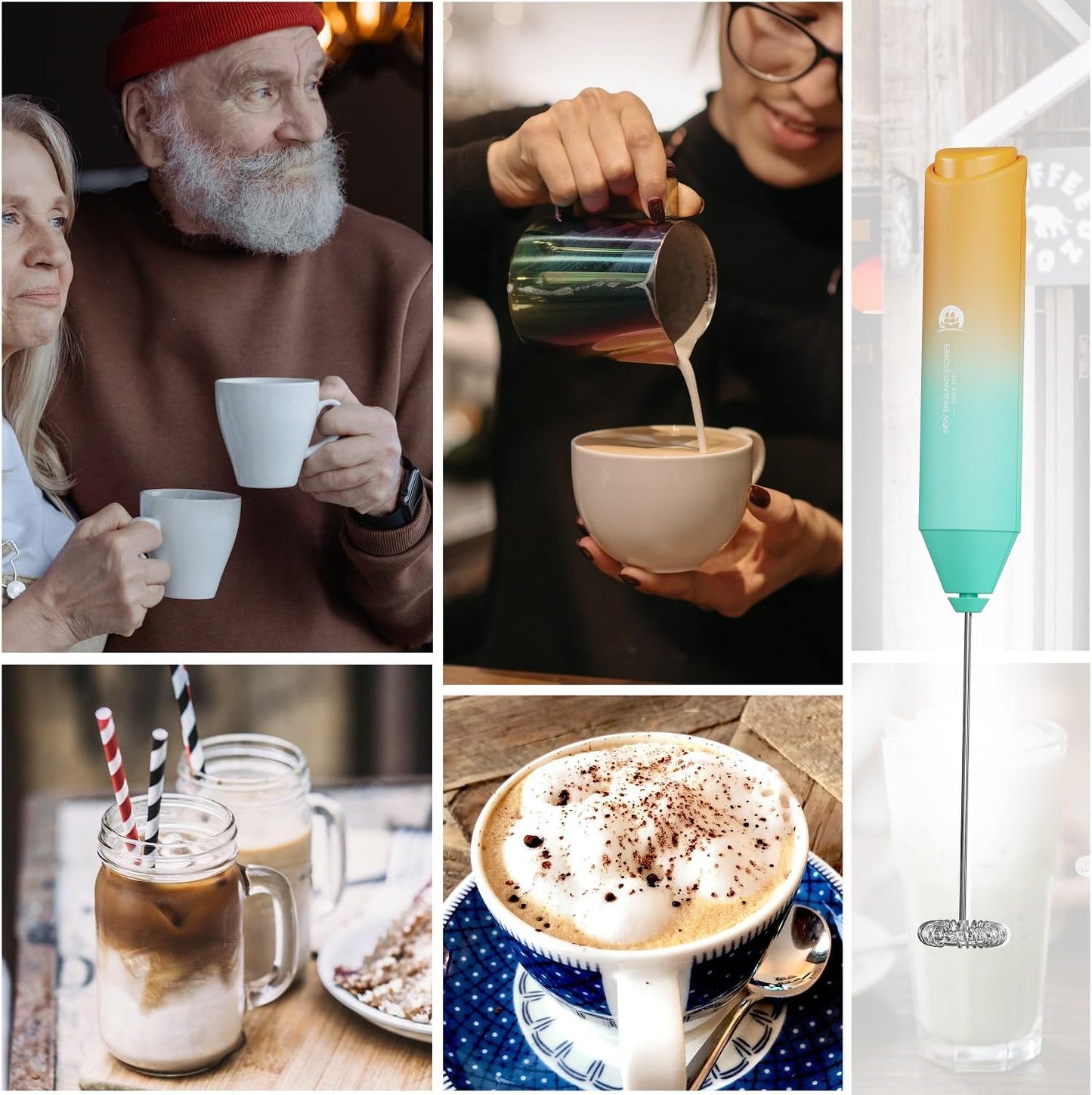 Powerful Milk Frother Handheld Foam Maker, Mini Whisk Drink Mixer for Coffee, Cappuccino, Latte, Matcha, Hot Chocolate, With Stand, Black