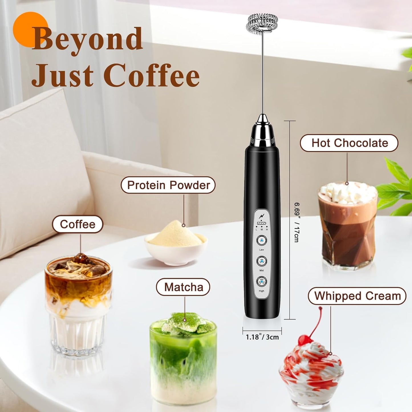 Colarlemo Milk Frother Handheld Rechargeable, Frother Wand Drink Mixer Electric Whisk for Coffee, Detachable With 3 Stainless Whisks, Hand Mixer for Lattes, Cappuccino, Matcha, Egg, No Stand, Black