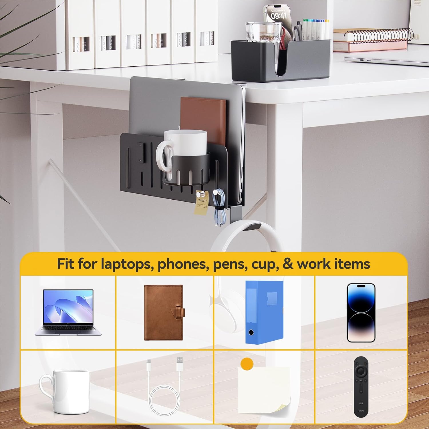 7-in-1 Desk Side Organizer | Under Desk Laptop Holder | Desk Storage Organizer | Office Desk Organizer | Multipurpose Desk Organizer | Laptop Mount with Cup Holder - PuriLite