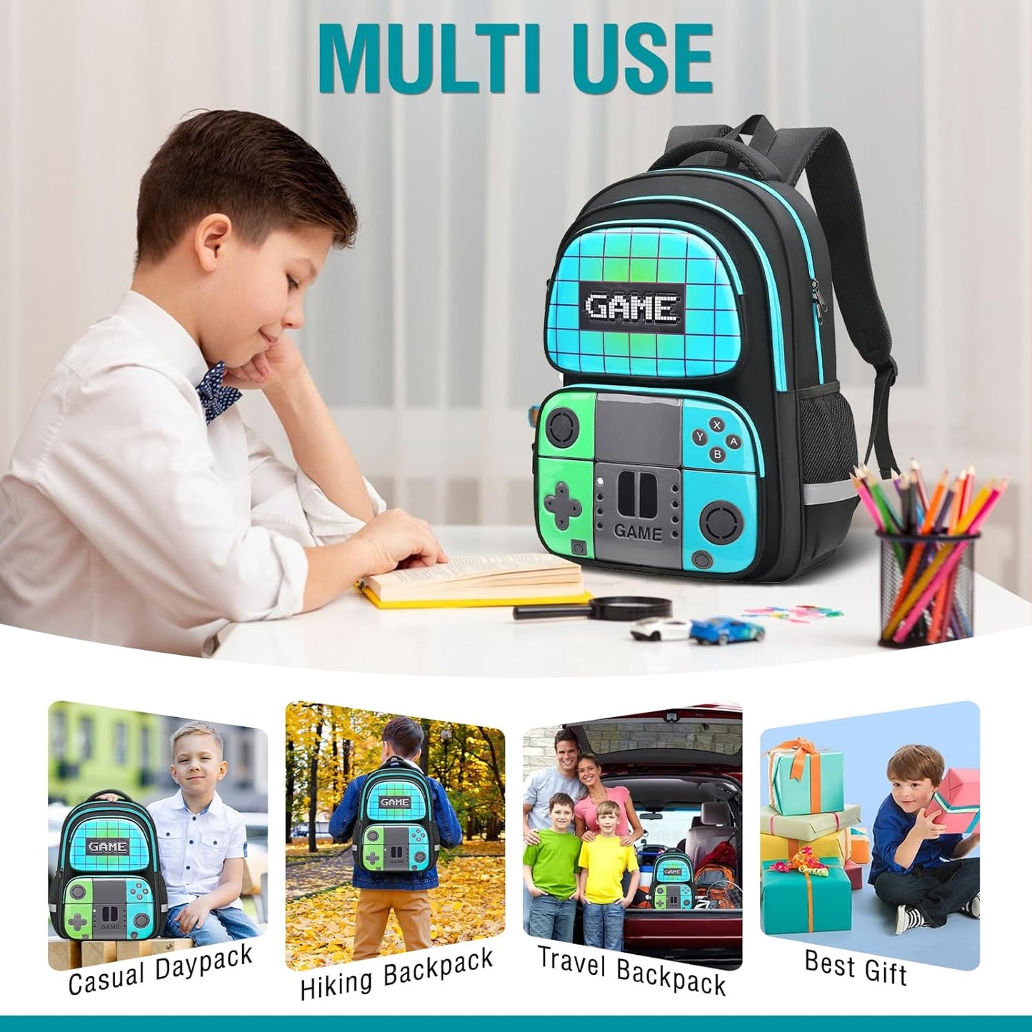 School Backpack for Boys,Gamer Kids Backpack for Elementary Middle School Student Age 6-14,17″ Video Game Bookbag for Laptop