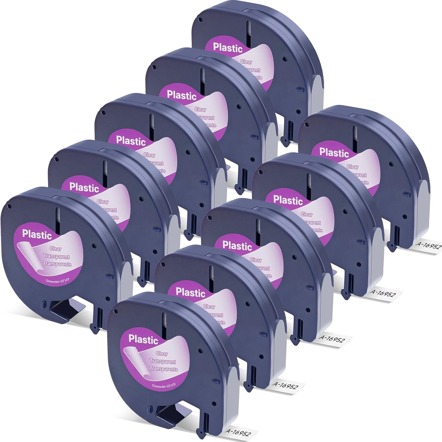 Clear Plastic Label Tape Refill Set, Black Text on Transparent Adhesive Labels, 12mm Waterproof Labeling Tape Rolls (10 Pack) - PuriLite