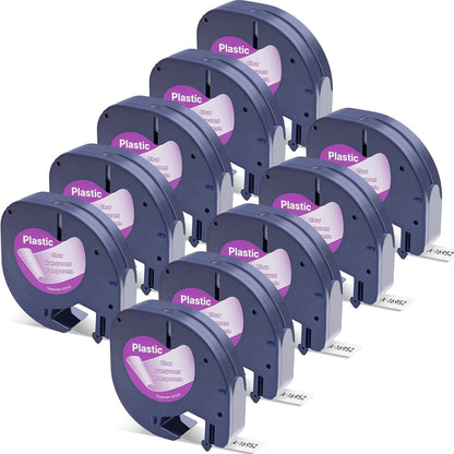 Clear Plastic Label Tape Refill Set, Black Text on Transparent Adhesive Labels, 12mm Waterproof Labeling Tape Rolls (10 Pack) - PuriLite