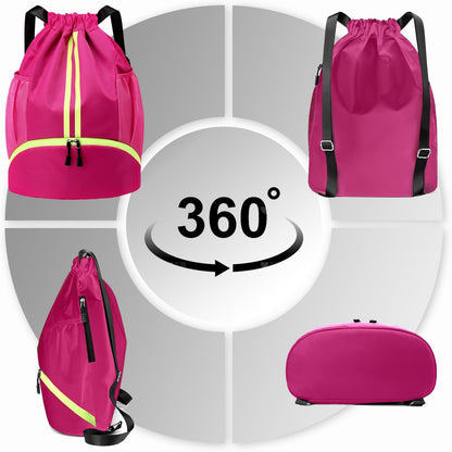 Hoedia Sports Drawstring Backpack - String Swim Gym Bag with Shoes Compartment and Wet Proof Pocket for Women/Men