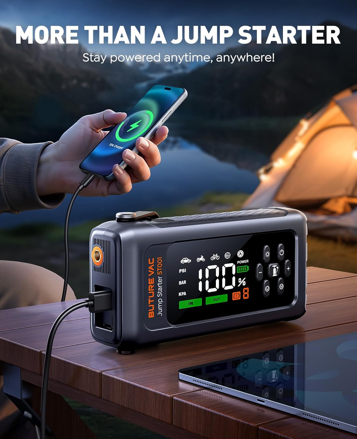 9-in-1 5000A 150PSI Car Battery Booster Jump Starter with Air Compressor (All Gas/9L Diesel), Portable Car Battery Booster Pack, Safe Durable Car Jump Starter with Extended Jumper Cables, Glove, Light