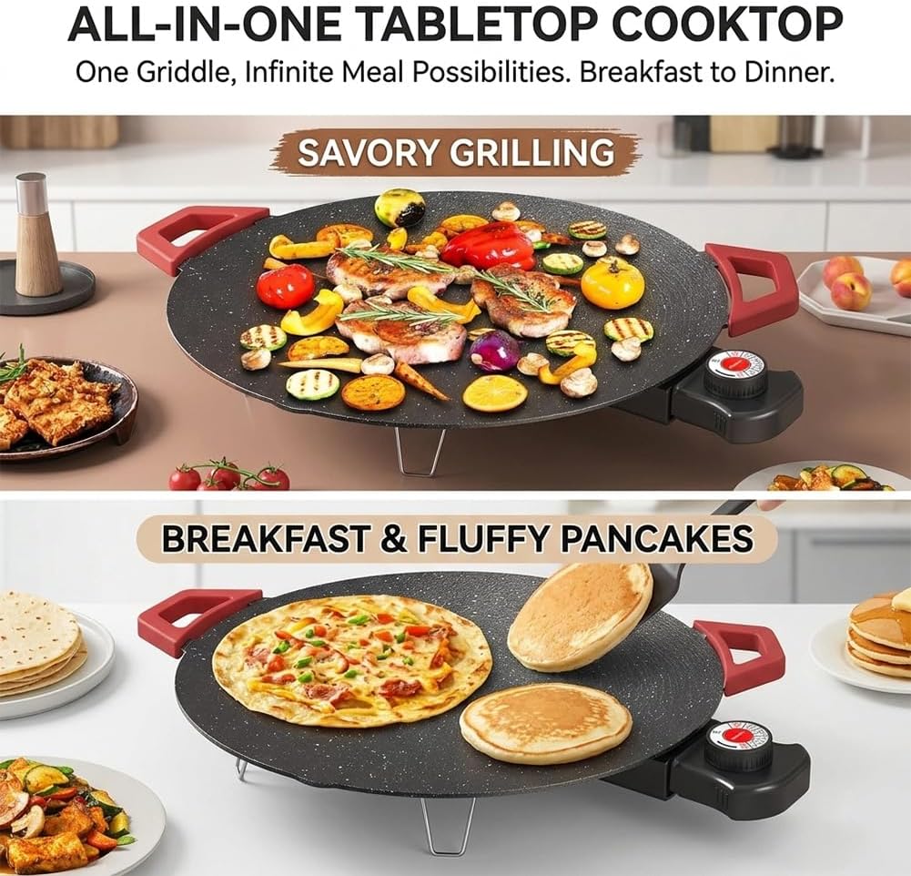Smokeless Electric Indoor Grill | Nonstick Round Griddle with Adjustable Temperature Control