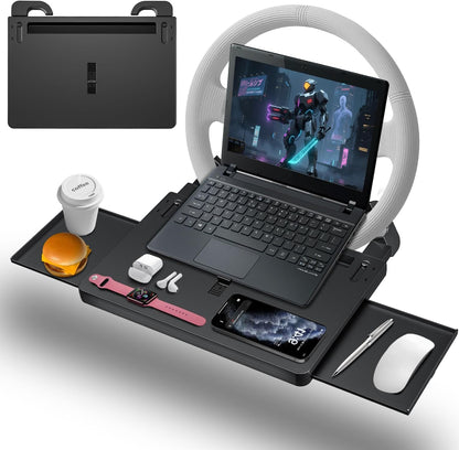 Steering Wheel Tray | Adjustable Car Desk for Laptop & Food Tray with Phone Stand and Storage Drawers