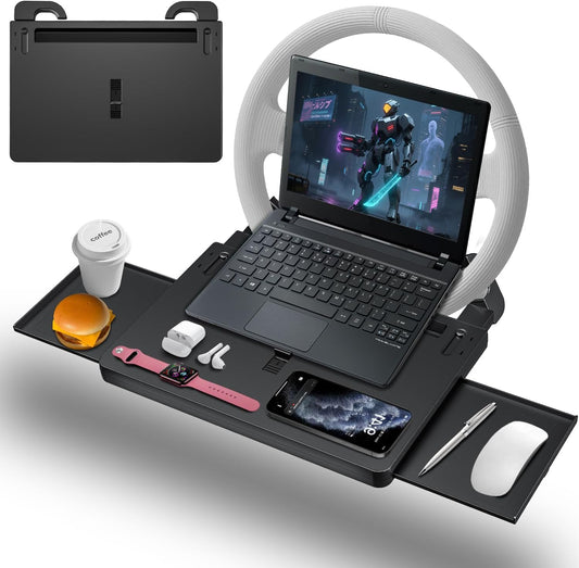 Steering Wheel Tray | Adjustable Car Desk for Laptop & Food Tray with Phone Stand and Storage Drawers