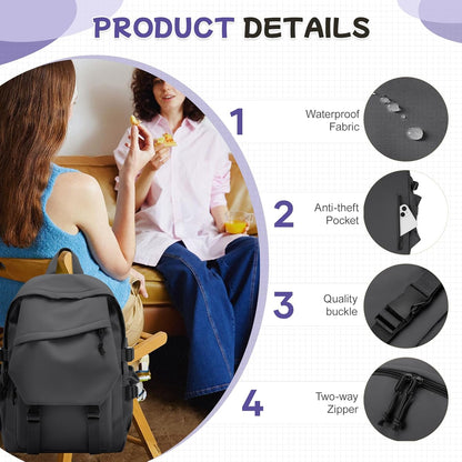 School Backpack for Women Men College High School Bags for Boys Girls Casual Daypack Laptop Backpack Waterproof Black Bookbag Travel Rucksack