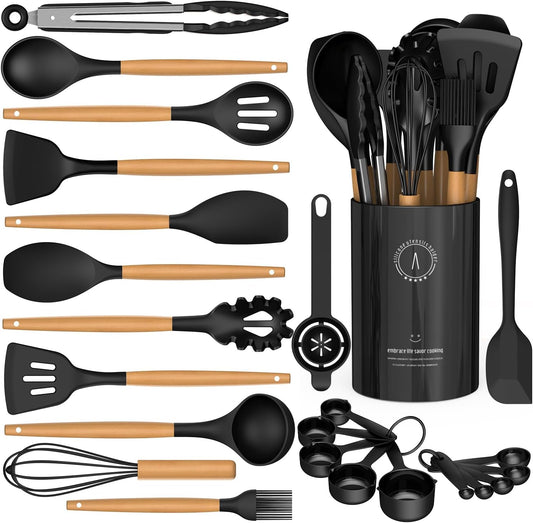 Silicone Cooking Utensils Set - Silicone Kitchen Utensils for Cooking Wooden Handles, 446°F Heat Resistant Kitchen Utensil Spatula Sets w Holder, Gadgets for Non-Stick Cookware BPA Free (Black)