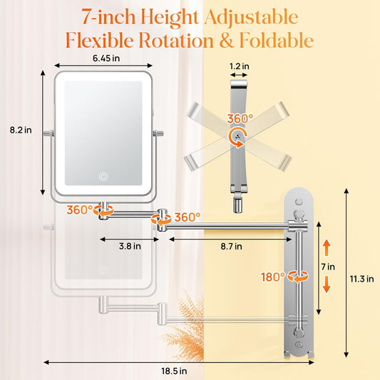 Gospire Height Adjustable Wall Mounted Lighted Makeup Mirror with Hooks, 3000mAh Rechargeable with 1X/10X Magnification, 3 Light Colors and Stepless Dimming for Bathroom