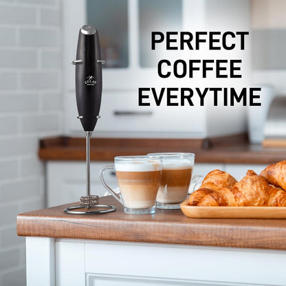 Zulay Kitchen Powerful Double Whisk Milk Frother Handheld - Foam Maker with Stand - Whisk Drink Mixer for Coffee, Mini Foamer for Latte, Matcha, Frappe, Hot Chocolate & Cappuccino (Black)