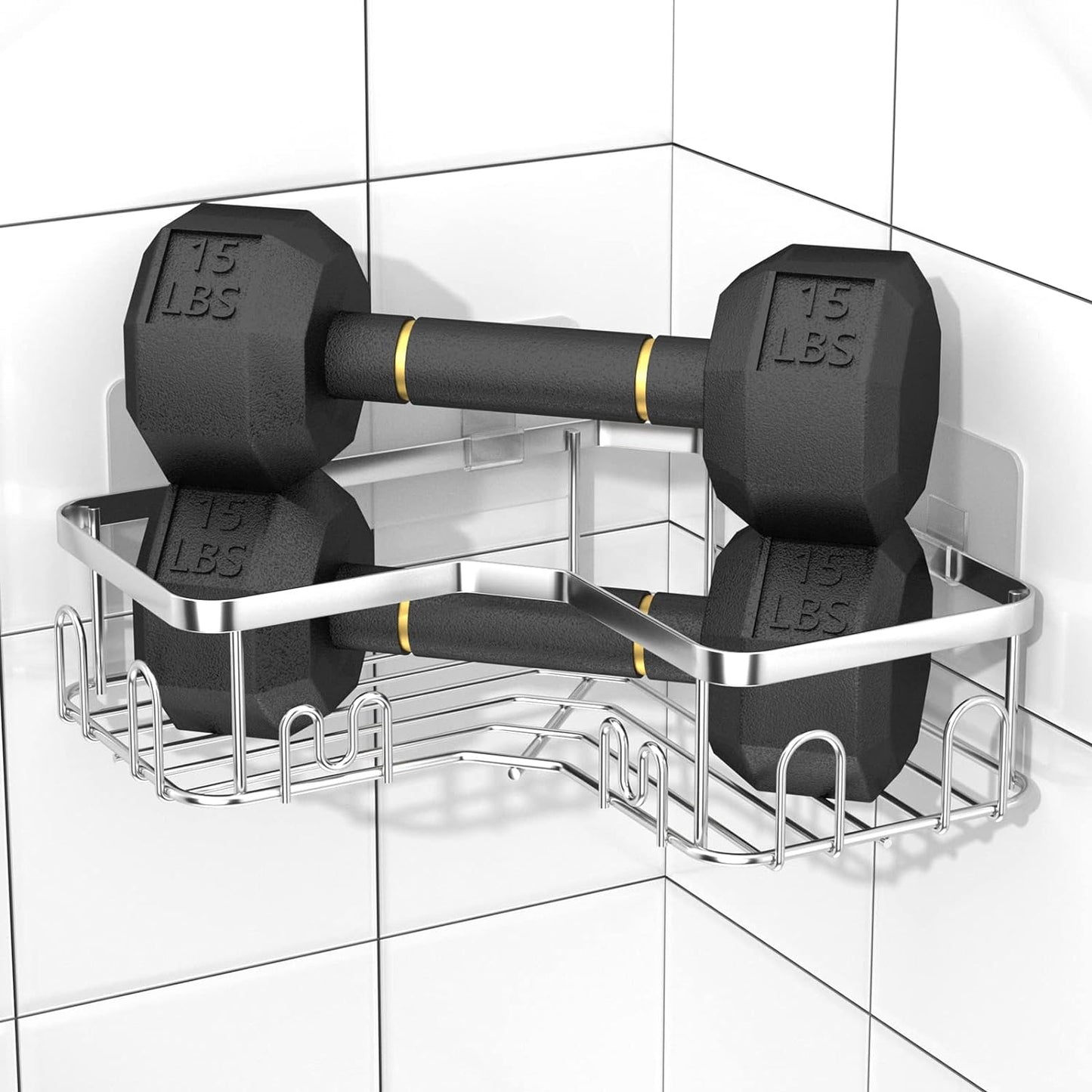 3 Pack Corner Shower Caddy/Shelf with 18 Hooks, Stainless Steel Adhesive Shower Organizer for Bathroom Storage (Silver)