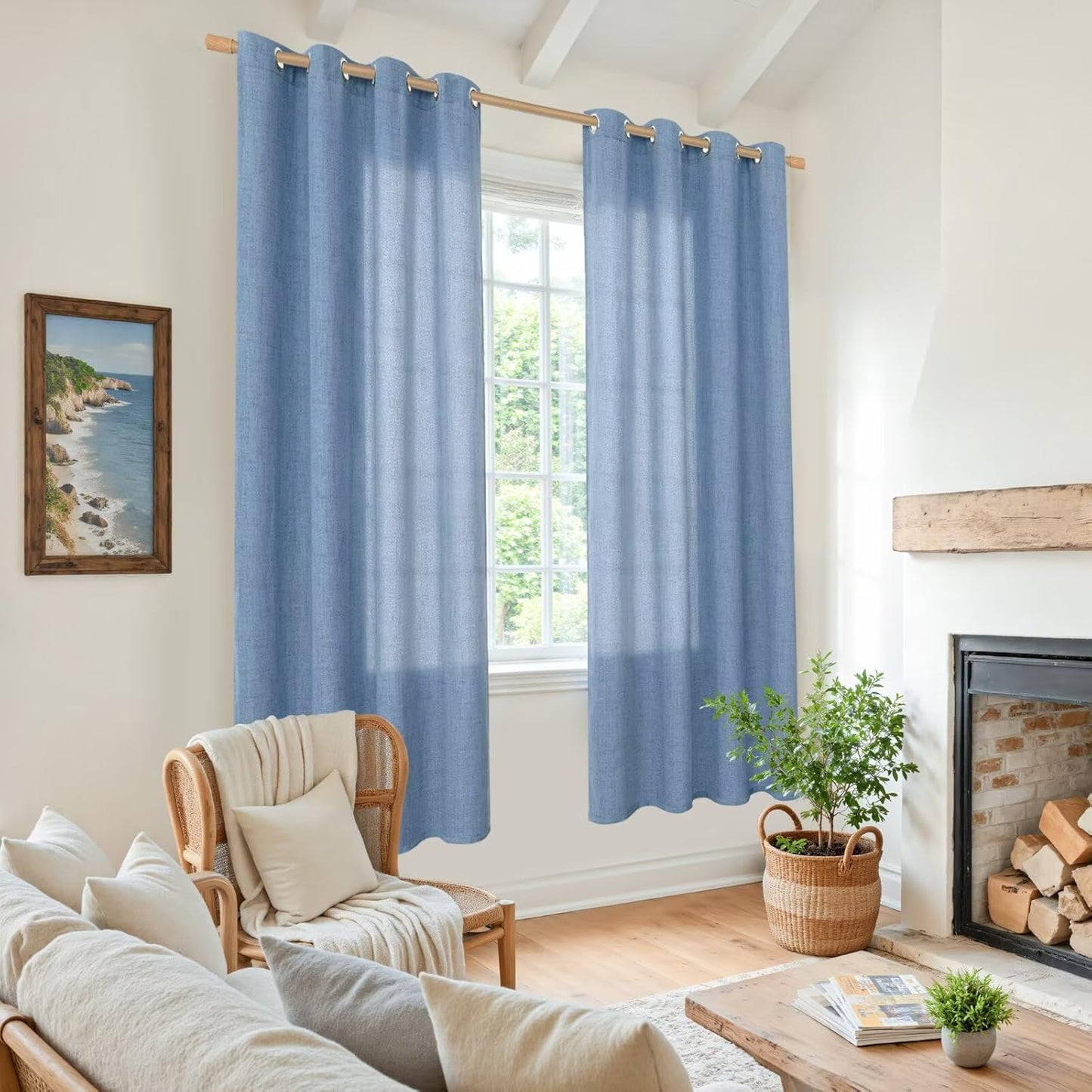 YoungsTex Natural Linen Curtains 84 Inch Long for Living Room Bedroom Grommet Top Light Filtering Privacy Linen Textured Window Semi Sheer Drapes, 2 Panels, 52x84 Inch, Natural