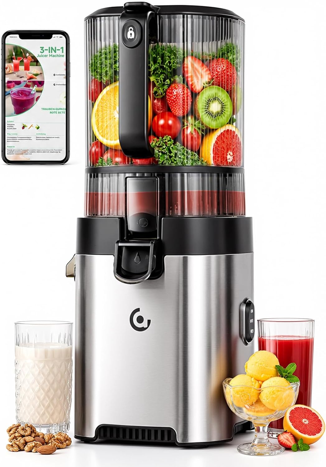 3-in-1 Cold Press Juicer | 600W Motor, Wide Feed Chute and Juice, Nut Milk & Sorbet Maker