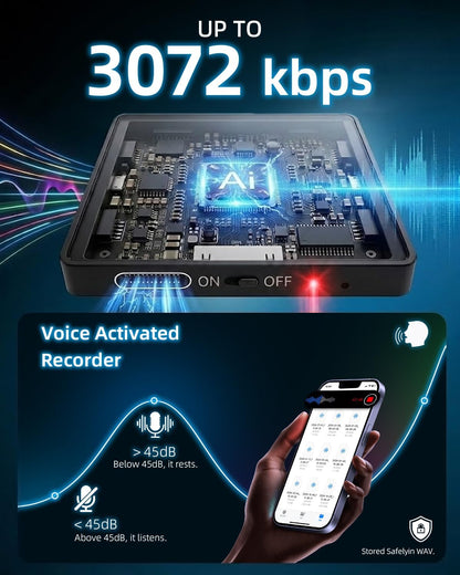 3072Kbps Magnetic Voice Recorder,Audio Recorder with AI-Triple Intelligent Noise Cancellation,128GB Recording Device with 9200Hours Store, Voice Activated Recorder for Lectures, Meetings, Intervie