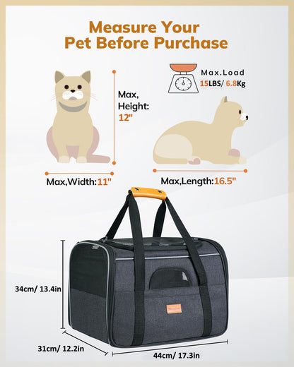 Morpilot Cat Carrier Soft - Portable Pet Carrier for Small or Medium Cats, Dogs and Puppy up to 14lbs, Airline Approved Dog Carrier with Safety Buckle - (Dark Gray)