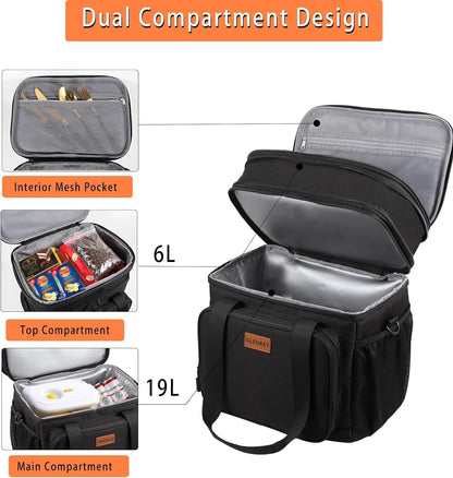 Expandable Large Lunch Bag, Double Deck Insulated Lunch Box Leakproof Durable Soft Cooler Bag for Men Women Adults Work Construction Beach Picnic Daytrip,16L,Black, GLENKEY