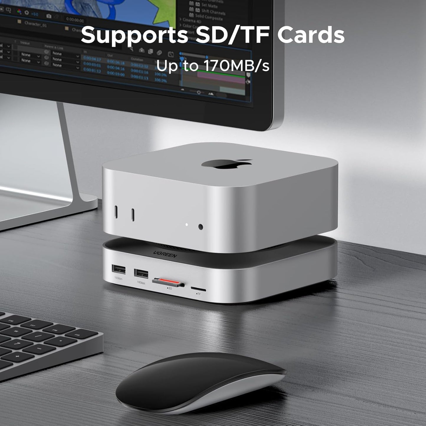 UGREEN Mac mini M4 Dock & Stand with NVMe SSD Enclosure, Docking Station with 3*USB A 3.2, 2*USB A 3.0, 2*USB C 3.2 10Gbps, SD/TF 170MB/s, USB C Hub Compatible with Mac mini M4 Pro