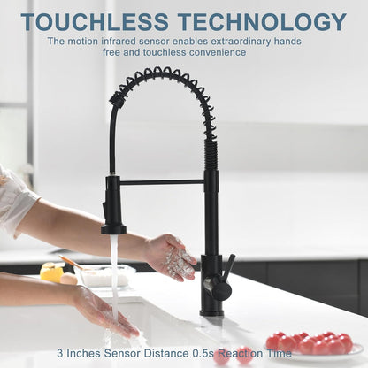 GIMILI Touchless Spring Kitchen Faucet with Pull Down Sprayer, Single Handle Motion Sensor Activated Hands-Free Kitchen Sink Faucet, Single Hole Smart Kitchen Faucet, Solid Brass, Matte Black
