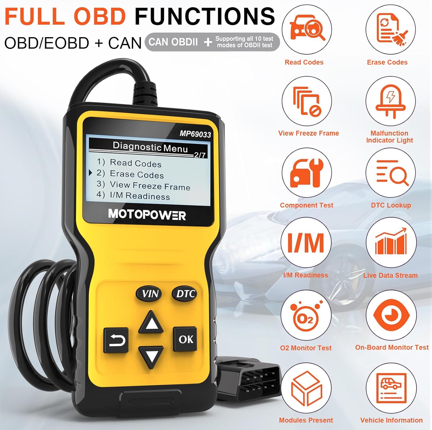 MOTOPOWER MP69033 OBD2 Car Scanner – Engine Fault Code Reader & Diagnostic Scan Tool for All OBD II Vehicles Since 1996, CAN Protocol Support, Yellow - PuriLite