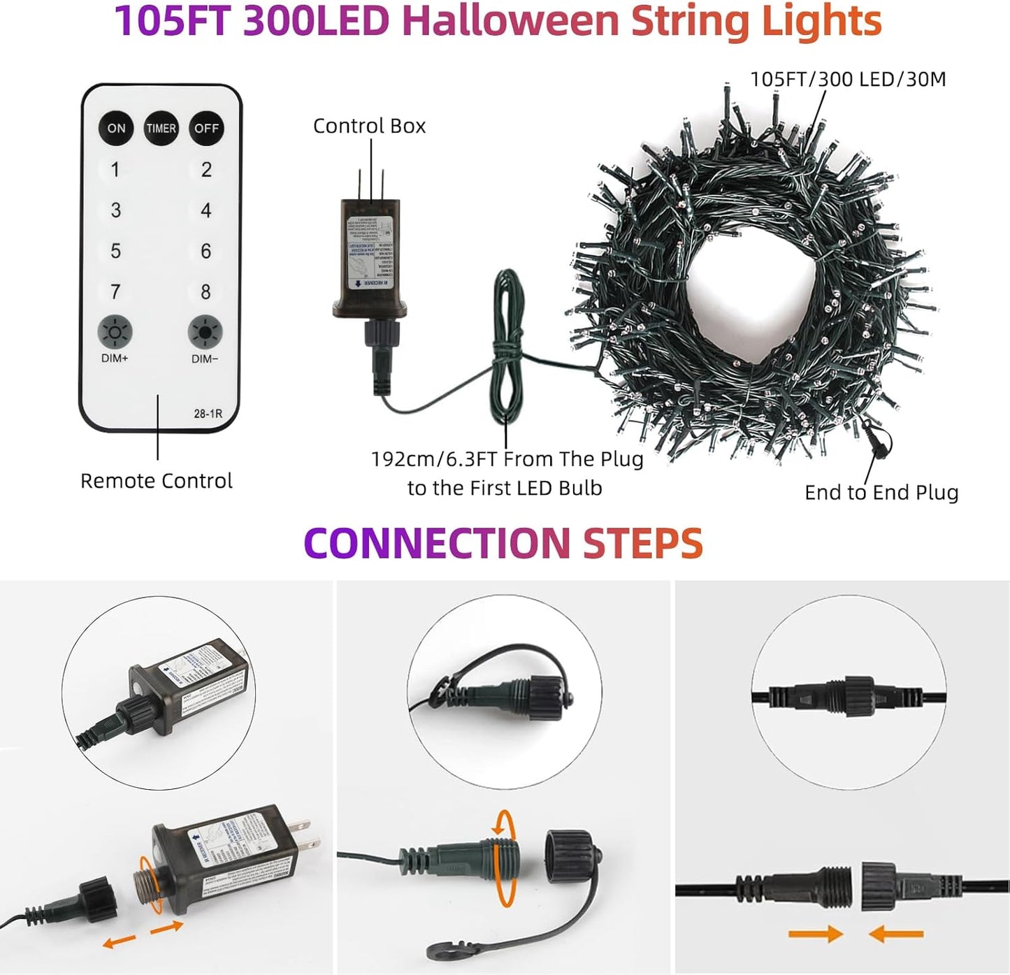 Tcamp 105FT 300 LED Purple Orange Halloween Decorations Lights Motion Activated Sync with 4 Scary Music, 6 Modes Halloween String Lights for Party Yard Outdoor Indoor Decor (3 Sets Connectable)