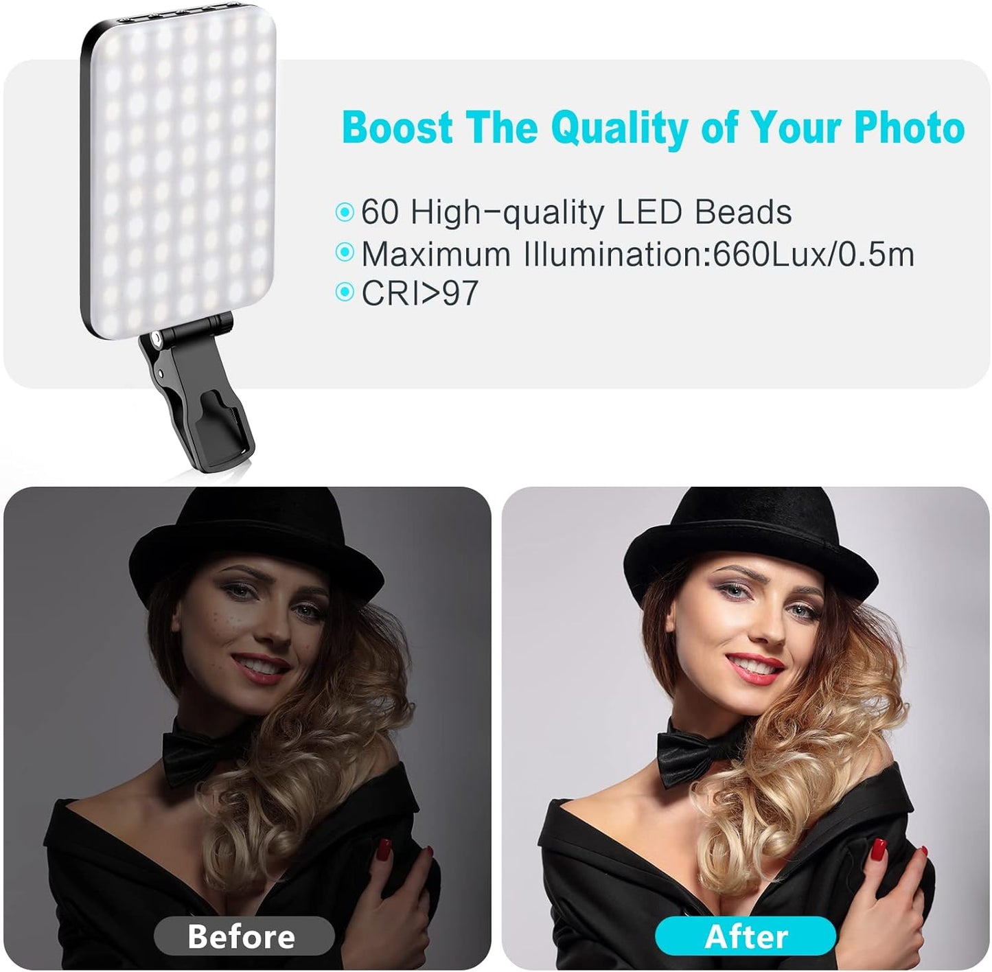 Anautin Selfie Light, 60 LED 2200mAh Rechargeable Clip Fill Video Light (White)