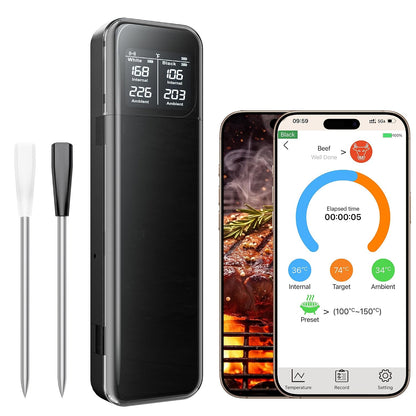 Digital Meat Thermometer Wireless Bluetooth with Smart App, 527°F Heat Resistant Probe, 100m Remote Range,Camping Appliances, Kitchen Essentials for Oven BBQ Grilling and Smoking