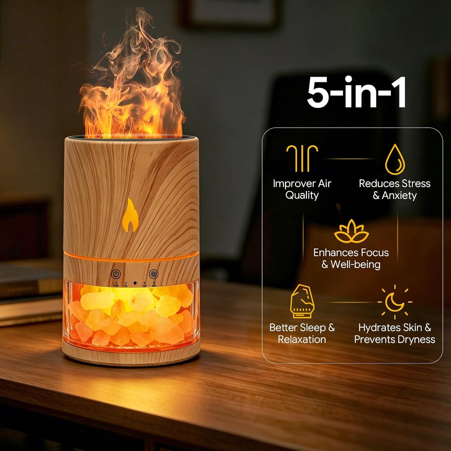 5-in-1 Flame Himalayan Salt Lamp Ultrasonic Essential Oil Diffuser, Cool Mist Humidifier, 1H/3H/6H Timer, Auto Shut-Off, Quiet Aromatherapy, 100% Pure Salt Crystals, 250ml (Wood)