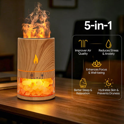 5-in-1 Flame Himalayan Salt Lamp Ultrasonic Essential Oil Diffuser, Cool Mist Humidifier, 1H/3H/6H Timer, Auto Shut-Off, Quiet Aromatherapy, 100% Pure Salt Crystals, 250ml (Wood)