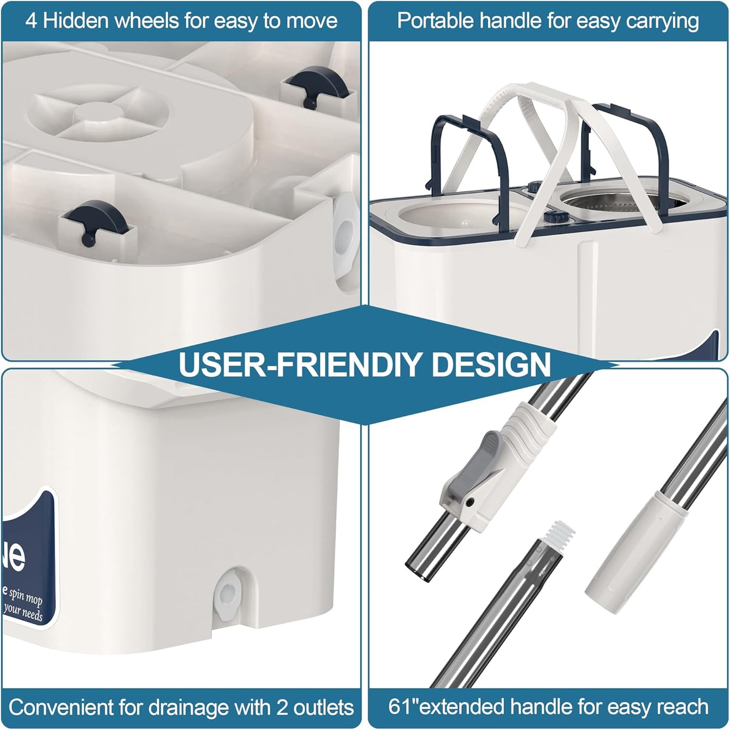 RinseWise Spin Mop and Bucket Separate Clean and DirtyWater, Mop and Bucket with Wringer Set, 4-Chamber Commercial Spinning Mopping Bucket Cleaning Supplies with 8 Microfiber Replacement Head Refills