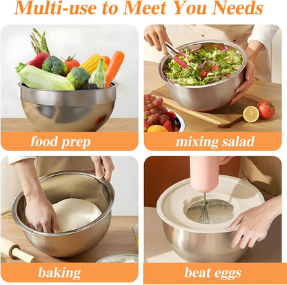 Winproper Mixing Bowls with Lids Set, 6 PCS Stainless Steel Mixing Bowl with 3 Grater Attachments, Kitchen Food Storage Organizers Nesting Mixing Bowl, Large Size 4.5, 3.5, 2.1, 1.5, 1.1, 0.7QT