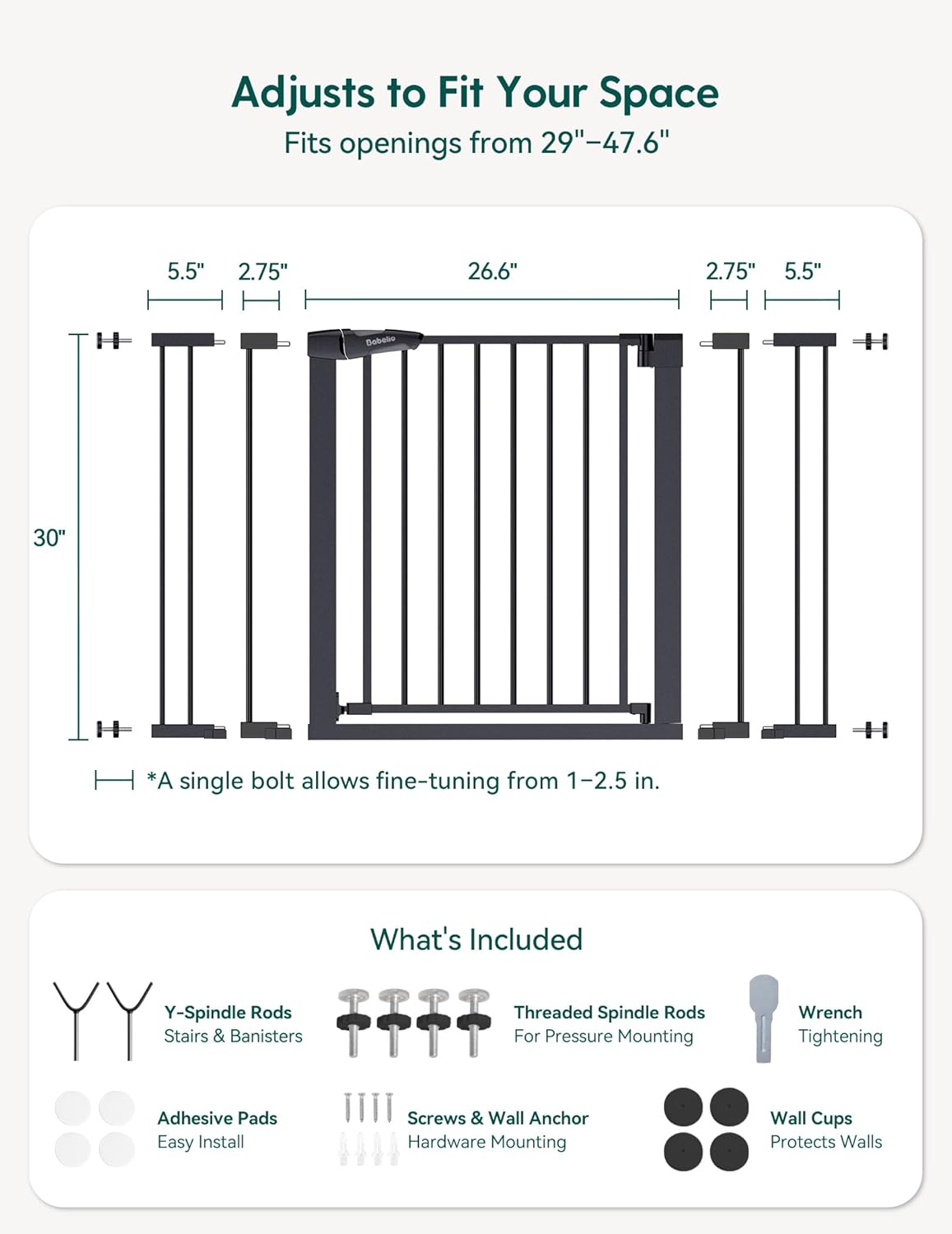 Babelio Metal Baby Gate, 29-48'' Auto Close Easy Install Pet Gate, Extra Wide Walk Thru Child Safety Gate, Pressure Mounted Dog Gate for Doorways & Stairs, with Y Spindle Rods