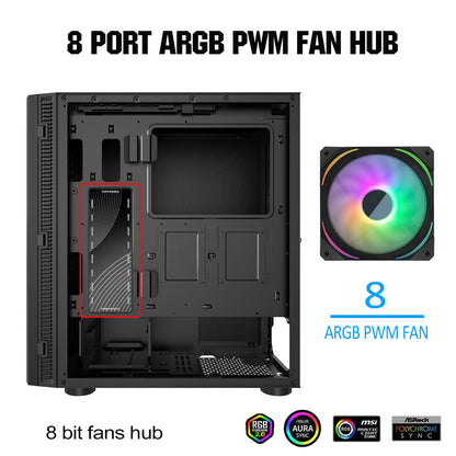 ARGB PWM Fan Hub, Addressable 5V-3PIN ARGB 12V 4PIN PWM 2-in-1 RGB Case Fan Hub SATA Power Input, 9 Fan Port and 9 LED Port, PC Fan hub Support 9 Computer ARGB PWM Fans Splitter
