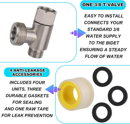 3/8" Bidet T-Valve Adapter, Stainless Steel 3/8" x 1/2" T-Valve with Gasket & PTFE Tape for Toilet Water Tank Connector Replacement Parts Attachments Accessories