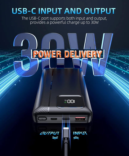 Power-Bank-Portable-Charger - 16000mAh Power Bank Support PD 30W and QC4.0 Fast Charging wiht Built-in 2 Output Cable and LED Display for iPhone and Android Phones and Most Electronic Devices