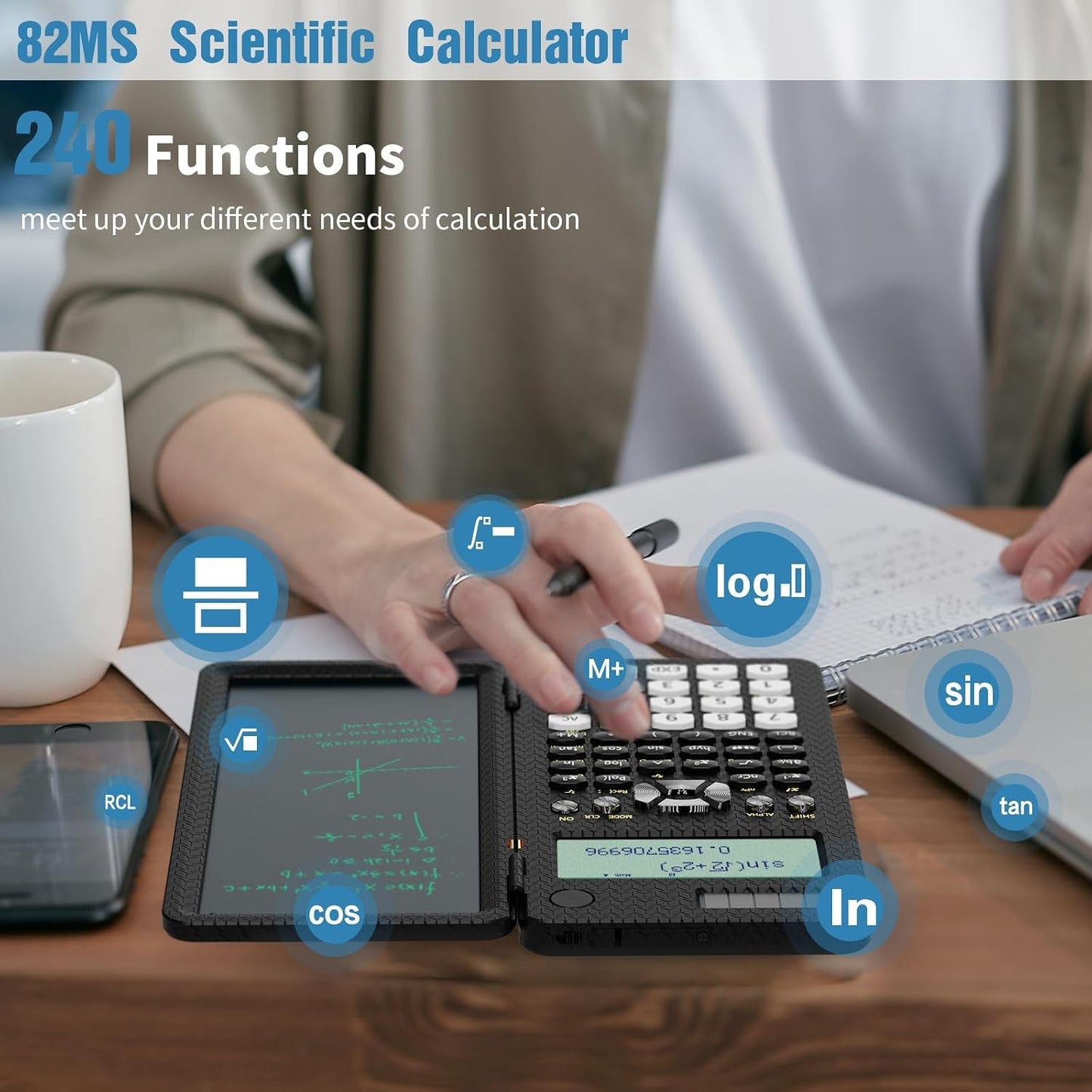 Scientific Calculator with Writing Pad | Foldable 2-Line Display Solar & Battery Powered