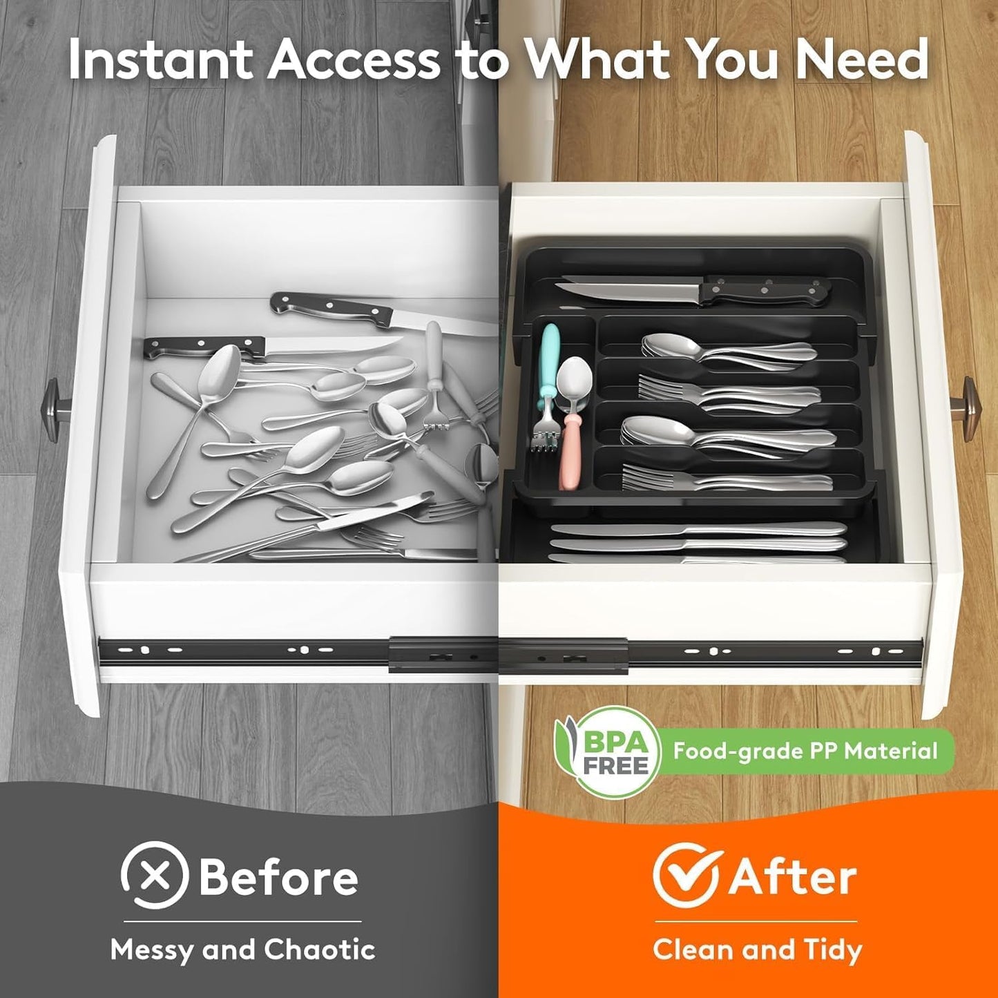 Lifewit Cutlery Organizer, Expandable Utensil Organizer for Kitchen, Utensil Holder, Adjustable Cutlery Rack Organizer for Spoons, Knives, Kitchen Organizers and Storage, Black