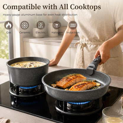 YASHE 15Pcs Nonstick Pots and Pans Set with Removable Handle, Oven Safe | Non-Toxic Stackable Cookware Set for RVs, Camping, PFOS/PFOA-Free Induction Compatible