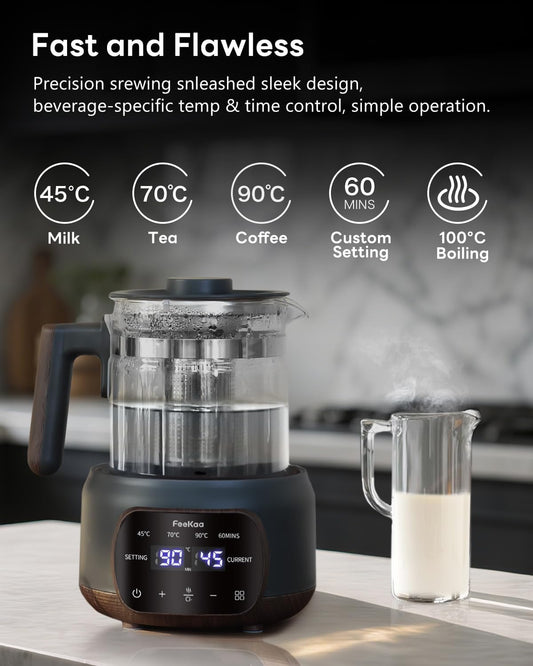 Feekaa 1.3L Electric Kettle,Glass Teapot with Removable Infuser,Black | Tea Maker,Health Pot,Bouilloire électrique,Time & Temperature Control,72H Keep Warm,for Boil Water,Tea,Coffee,Milk Warming