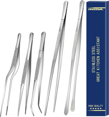 5 Pcs Cooking Fine Tweezers Tongs, Stainless Steel Food Tweezers Set, Professional Kitchen Long Tweezer for Cooking,Repairing,Sea Food,BBQ,Multi-use(12"and 6.3")