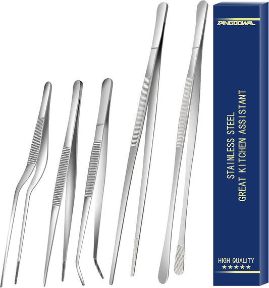 5 Pcs Cooking Fine Tweezers Tongs, Stainless Steel Food Tweezers Set, Professional Kitchen Long Tweezer for Cooking,Repairing,Sea Food,BBQ,Multi-use(12"and 6.3")