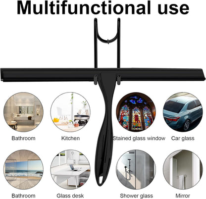 14 Inch Shower Squeegee Stainless Steel with Shower Door Hook and Adhesive Hook Glass Squeegee Bathroom for Doors, Bathroom, Windows, Kitchen, Mirror with Spare Silicone Blade 2 Hooks