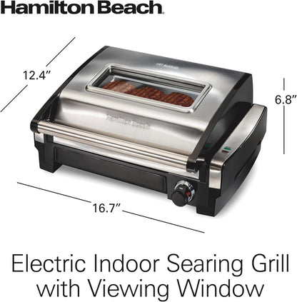 Hamilton Beach Electric Indoor Searing Grill with Viewing Window,Removable Easy-to-Clean Nonstick Plate, 6-Serving, Extra-Large Drip Tray, Stainless Steel, 25361
