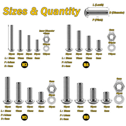 Mywish 900Pcs Metric Screw Assortment, M3 M4 M5 M6 Screw Assortment Kit 304 Stainless Steel Hex Socket Button Head Socket Cap Metric Screws Bolts & Flat Washers/Nuts/Hex Wrenches 16 Sizes 8MM to 20MM