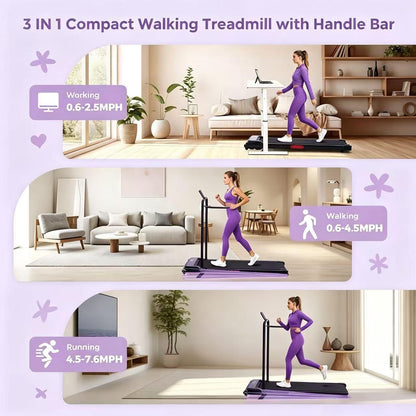 Compact Small Walking Pad Treadmill with Incline, 3.0HP Portable Walking Treadmill with Handle Bar, 0.6-7.6 MPH Mini Treadmills for Home Small, Electric Treadmills for Exercising
