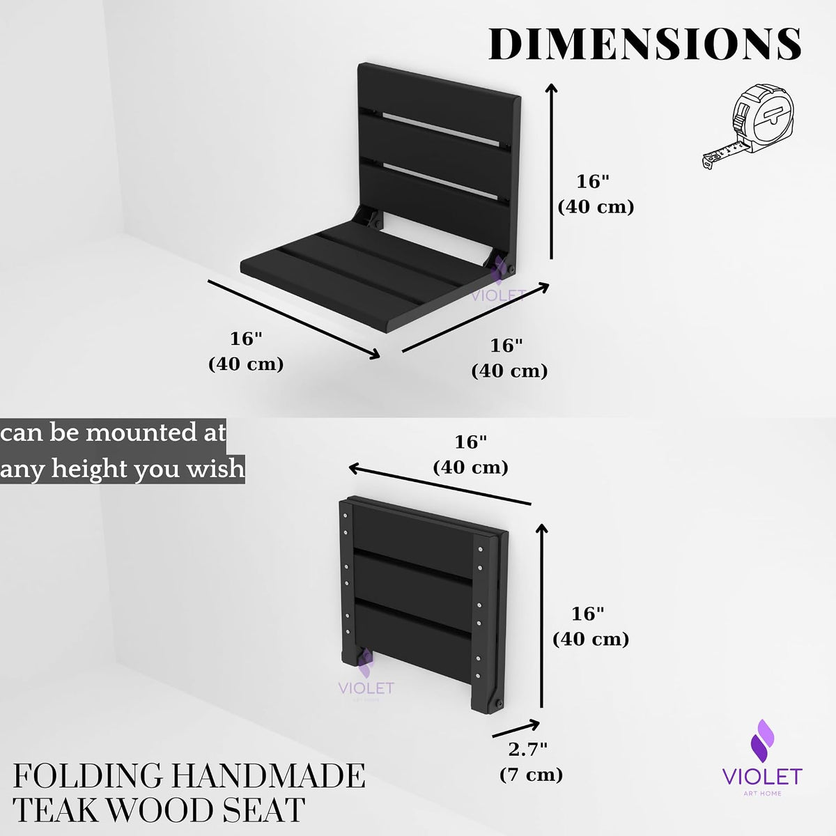 Folding Wall Mounted Teak Wood Shower Seat, ADA Compliant Durable Bath Bench, Sturdy Space-Saving Bathroom Stool, Fold Up Easy Folding Handmade Compact Chair (Black, Large)